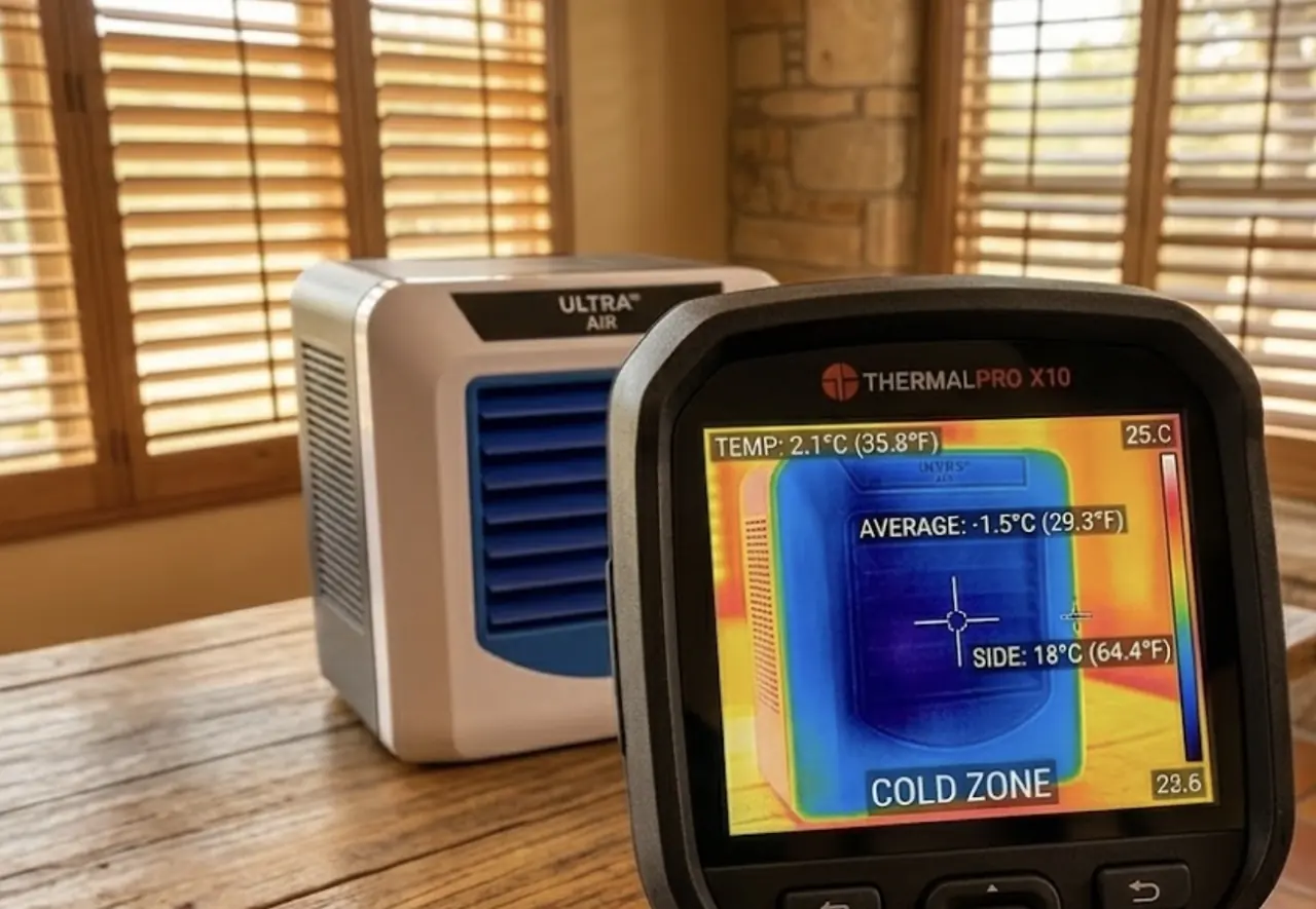 Thermal camera view showing cold airflow from Ultra Air Cooler